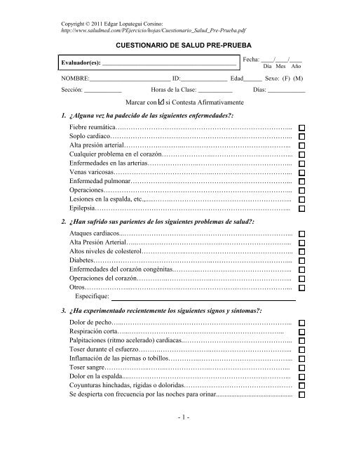 - 1 - CUESTIONARIO DE SALUD PRE-PRUEBA Marcar ... - Saludmed