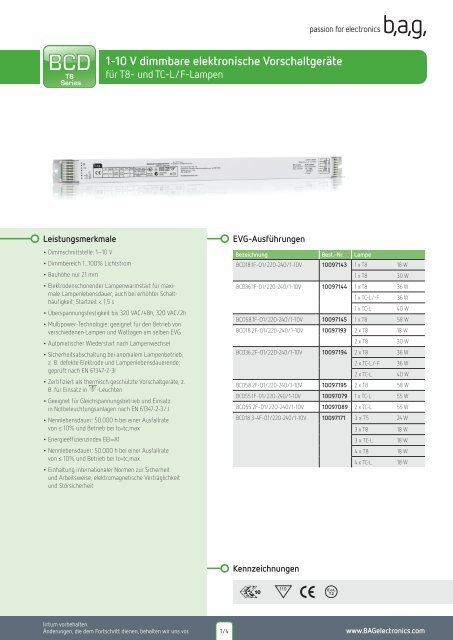 1-10 V dimmbare elektronische VorschaltgerÃ¤te - BAG electronics