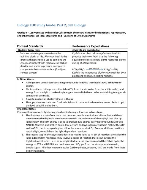 Biology EOC Study Guide: Part 2, Cell Biology Content Standards ...