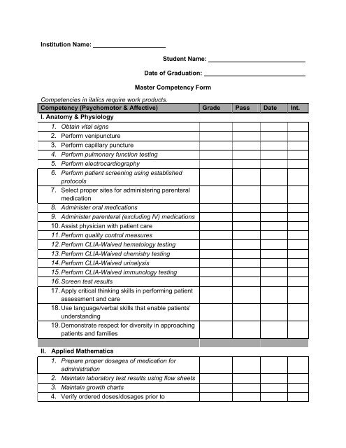 Skills Checklist Master Competencies Form