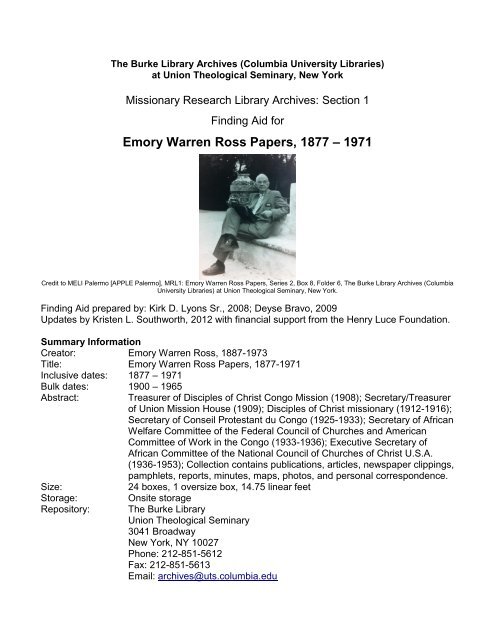 Emory Warren Ross Papers, 1877 - Columbia University Libraries