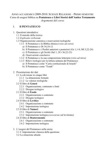 Pentateuco e Libri Storici dell'Antico Testamento Argomenti del corso