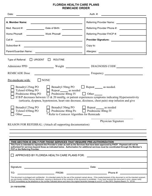 Remicade Order Form - Florida Health Care Plans