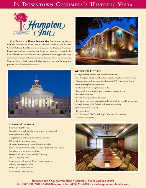 Hotel Services Fact Sheet Hampton Inna Columbia Downtown