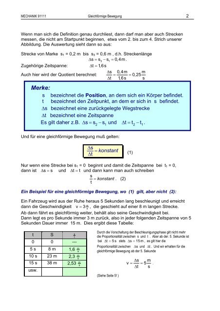 2. Gleichförmige Bewegung mit Startposition