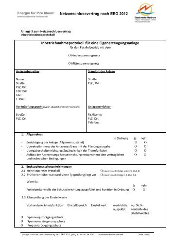 Anlage 3 NAV, Inbetriebnahmeprotokoll - Stadtwerke Herborn GmbH