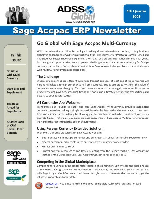 ADSS Global Sage Accpac ERP Newsletter Q4 2009