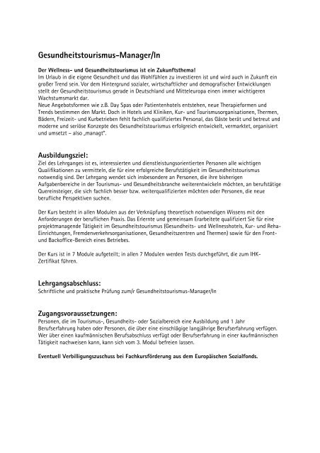 IHK-Zertifikatslehrgang Gesundheitstourismus-Manager/In Sabel