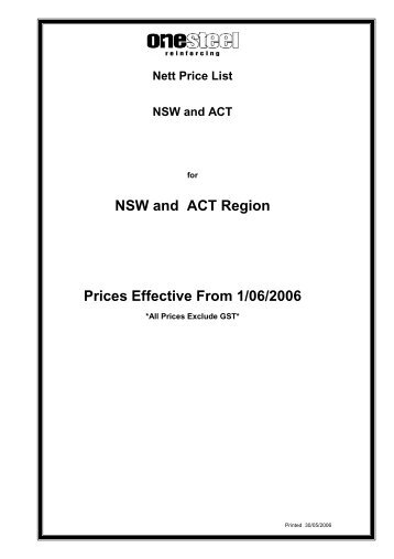 NSW and ACT Region Prices Effective From 1/06/2006 - OneSteel