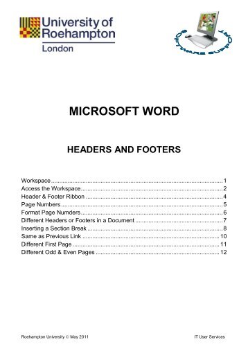 Headers and Footers - StudentZone - Roehampton