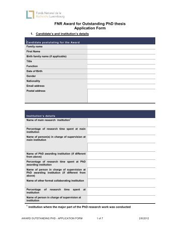 FNR Award for Outstanding PhD thesis Application Form