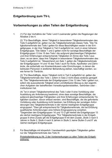 Entgeltordnung zum TV-L Vorbemerkungen zu allen ... - Personalrat