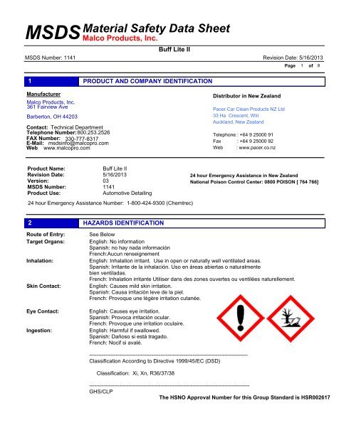 Material Safety Data Sheet - Pacer Car Clean Products