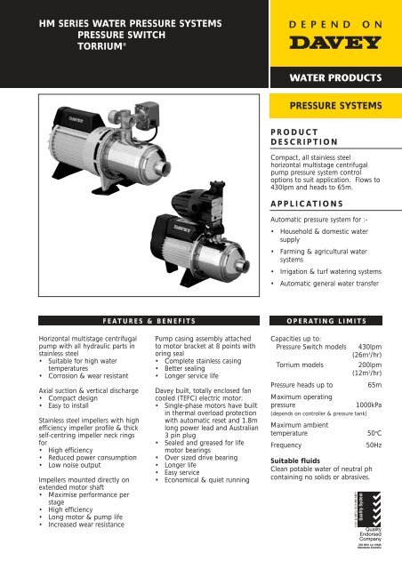 HM SERIES WATER PRESSURE SYSTEMS ... - Dural Irrigation