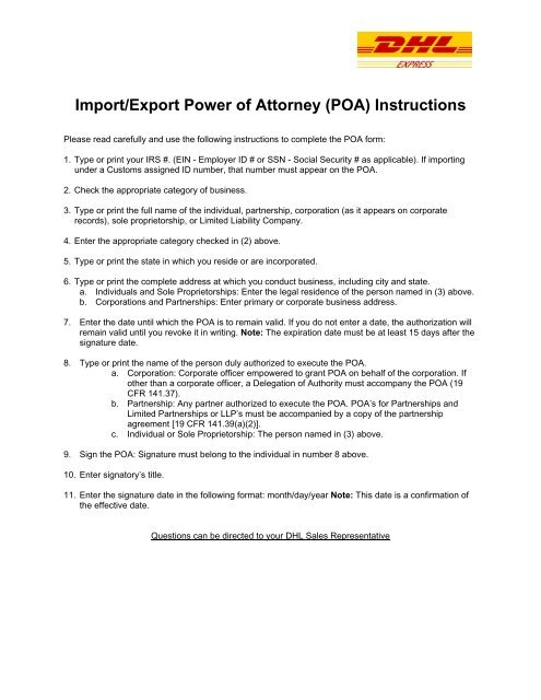 power of attorney form ups
 CUSTOMS POWER OF ATTORNEY - DHL