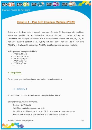 Chapitre 4 â Plus Petit Commun Multiple (PPCM) - Bac S