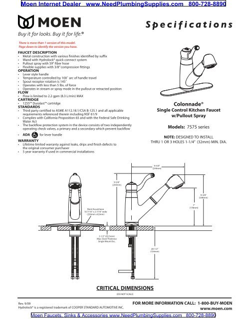 Moen 7575 Spec Sheet Needplumbingsupplies Com