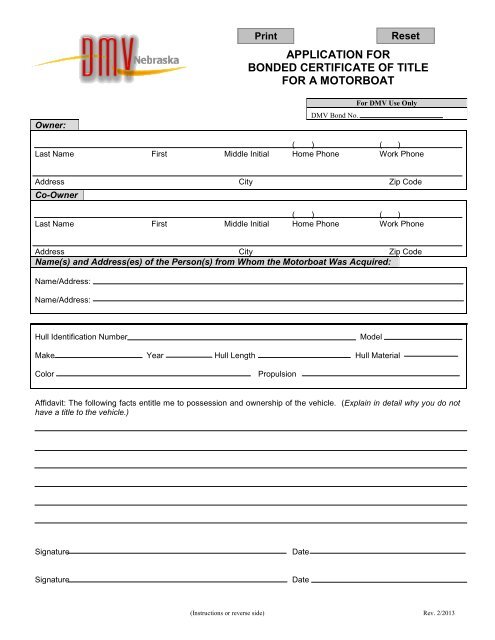 application for bonded certificate of title for a motorboat - Nebraska ...