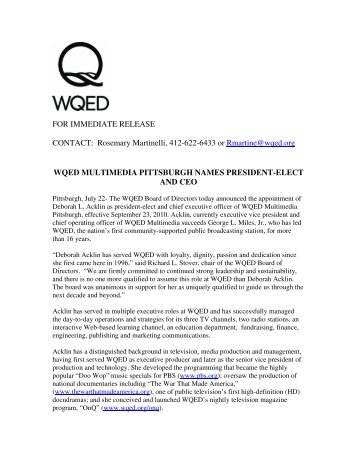 FOR IMMEDIATE RELEASE CONTACT: Rosemary ... - WQED