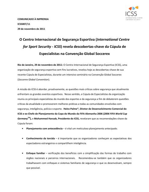 O Centro Internacional de SeguranÃ§a Esportiva (International ...