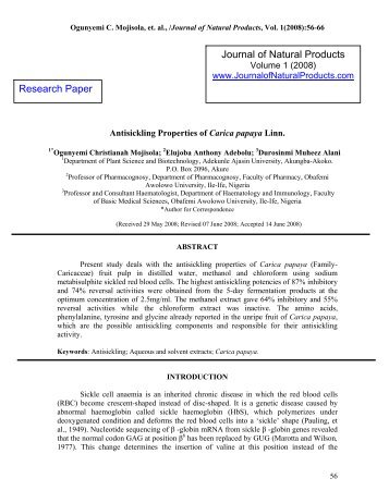 Antisickling Properties of Carica papaya Linn - Journal of Natural ...