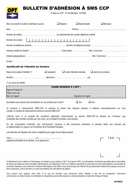 Contrat d'abonnement SMS CCP - OPT