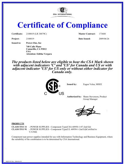 Certificate of Compliance - Power-One