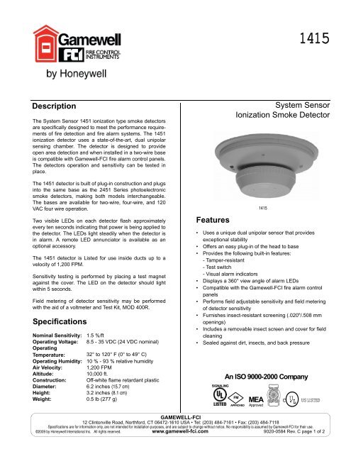 System Sensor Ionization Smoke Detector - Gamewell-FCI