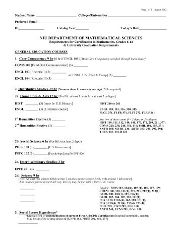 Advising Worksheet - Department of Mathematical Sciences