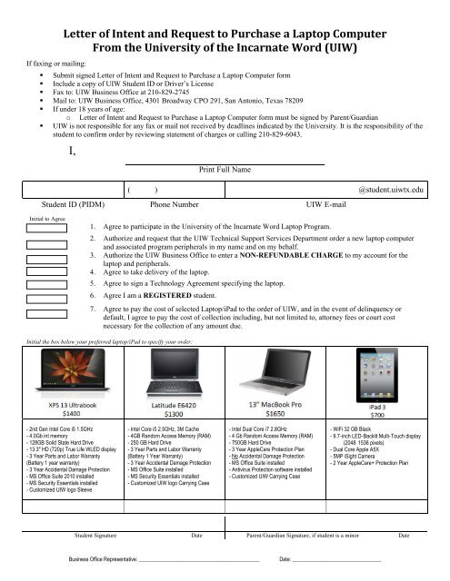 Letter of Intent and Request to Purchase a Laptop Computer From