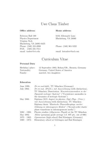 Uwe Claus Täuber Curriculum Vitae - Physics - Virginia Tech