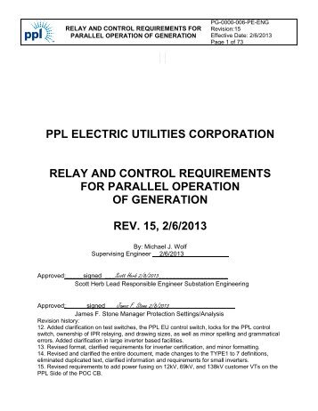 Relay and Control Requirements for Parallel Operation of Generation