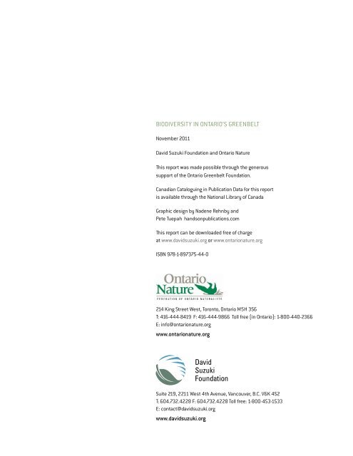 Biodiversity in Ontario's Greenbelt (PDF) - David Suzuki Foundation