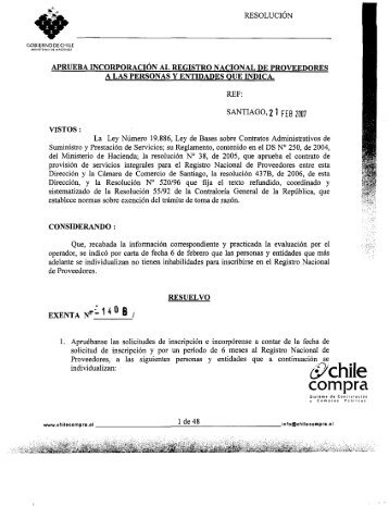 ResoluciÃ³n Proveedores Inscritos Enero 2007 - Chileproveedores