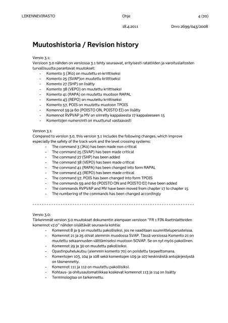 FIR Asetinlaitteen komennot - Liikennevirasto