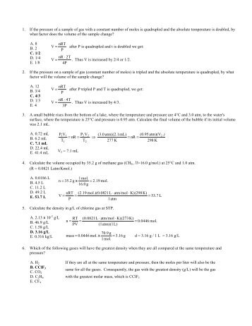 1. If the pressure of a sample of gas with a constant number of moles ...