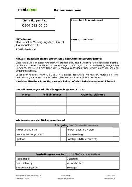 Retourenschein - Medizinisches Versorgungsdepot GmbH