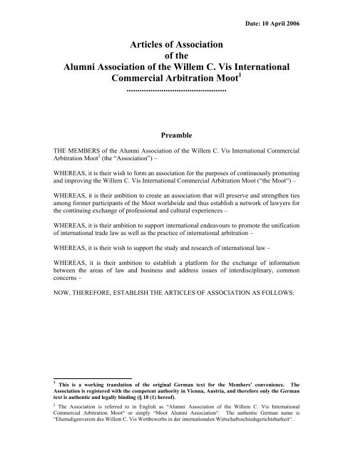 Articles of Association of the Alumni Association of the Willem C. Vis ...