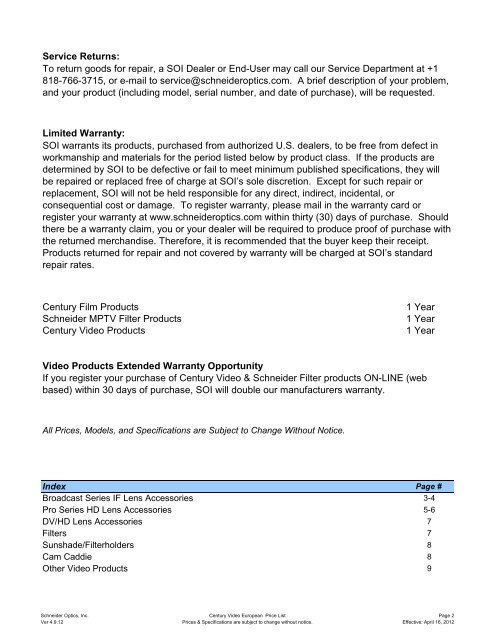 EUROPEAN PRICE LIST - Schneider Optics