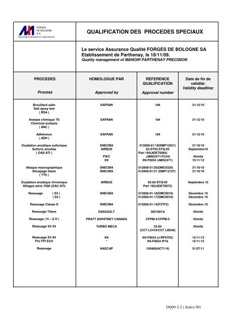 QUALIFICATION DES PROCEDES SPECIAUX - Manoir Industries