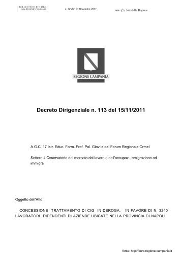 Decreto Dirigenziale n. 113 del 15/11/2011 - Provincia di Napoli