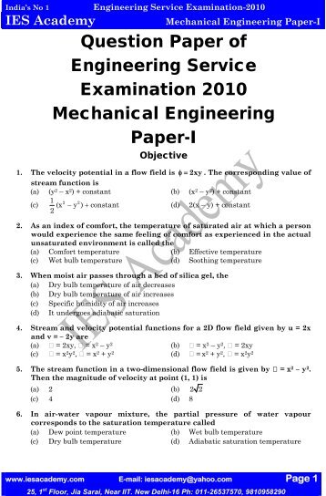 Engineering Service Examination 2010 Mechanical-I - IES Academy