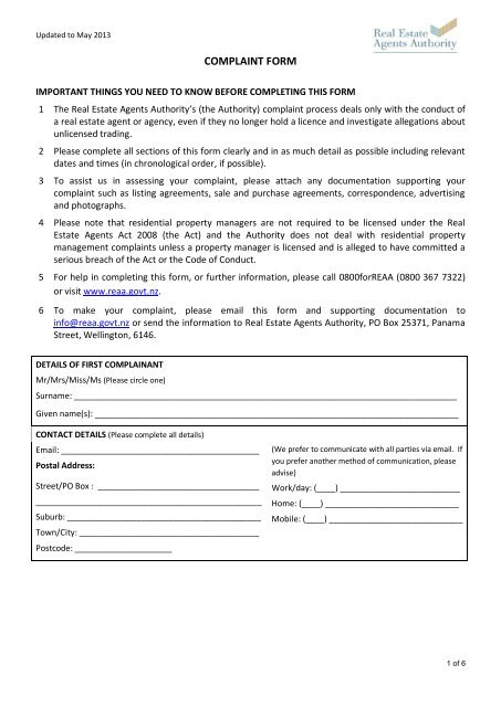 Complaint Form - PDF - Real Estate Agents Authority