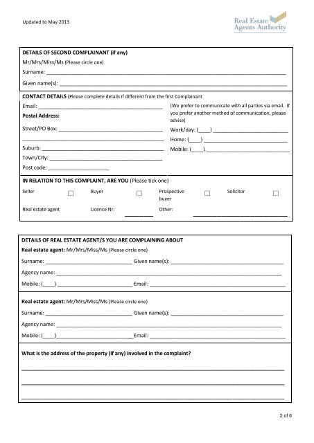 Complaint Form - PDF - Real Estate Agents Authority