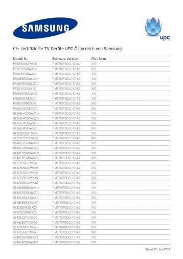 CI+ zertifizierte TV Geräte UPC Österreich von Samsung:
