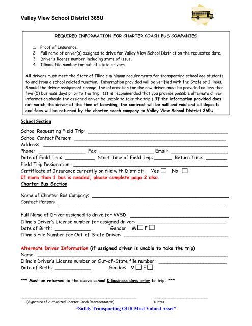 Charter Bus Requirement Form - Valley View School District 365U