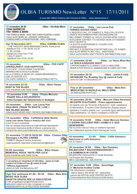 Newsletter ufficio turismo Olbia n. 15 del 17/11/2011 (PDF)