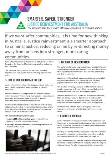 You can read more about justice reinvestment and the ... - Greens MPs