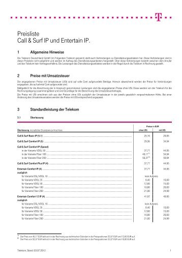 Preisliste Call & Surf IP und Entertain IP. - Deutsche Telekom AG