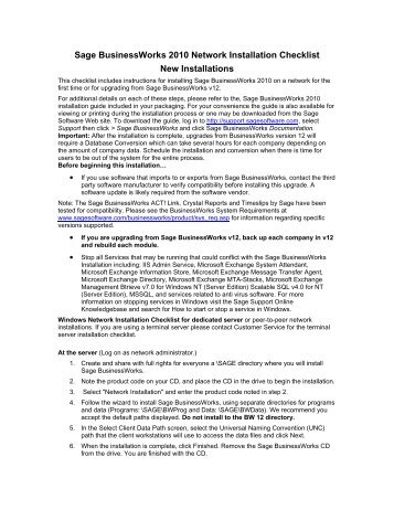 Sage BusinessWorks 2010 Network Installation Checklist New ...